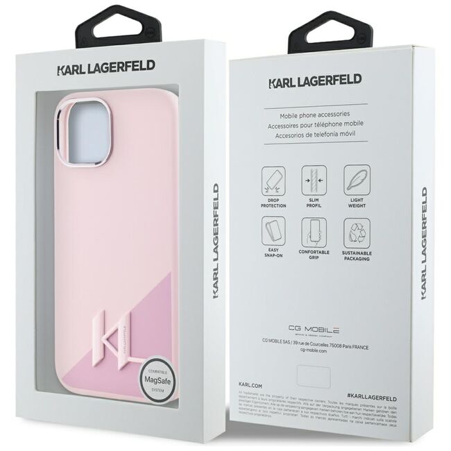 Husa Karl Lagerfeld pentru iPhone 15 Silicone MagSafe, Shadow Metal Initial, roz