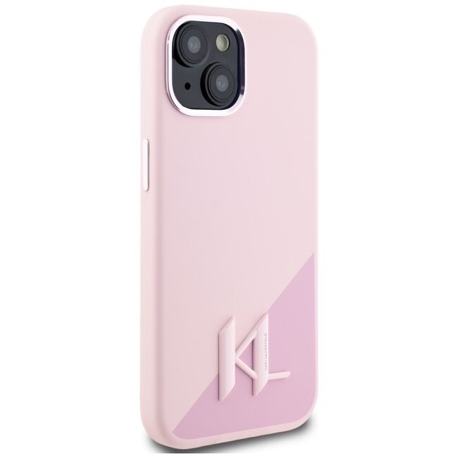 Husa Karl Lagerfeld pentru iPhone 15 Silicone MagSafe, Shadow Metal Initial, roz
