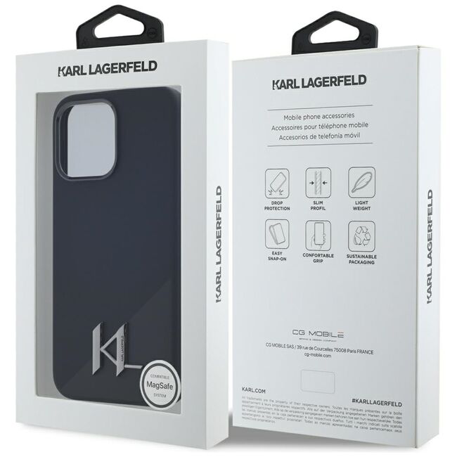 Husa Karl Lagerfeld pentru iPhone 15 Pro Max Silicone MagSafe, Shadow Metal Initial, negru