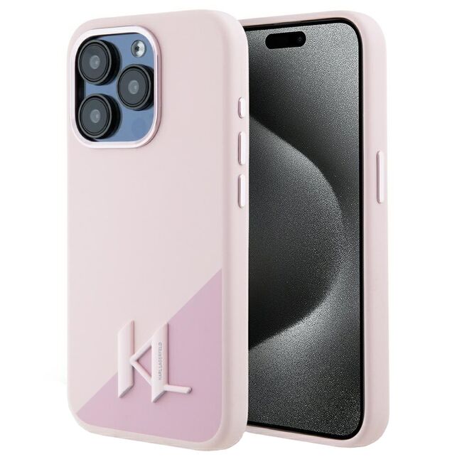 Husa Karl Lagerfeld pentru iPhone 15 Pro Max Silicone MagSafe, Shadow Metal Initial, roz
