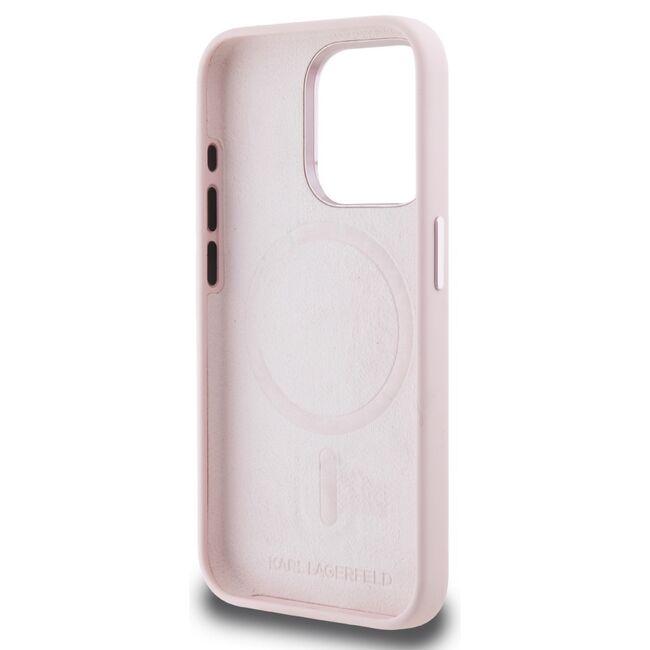 Husa Karl Lagerfeld pentru iPhone 15 Pro Max Silicone MagSafe, Shadow Metal Initial, roz