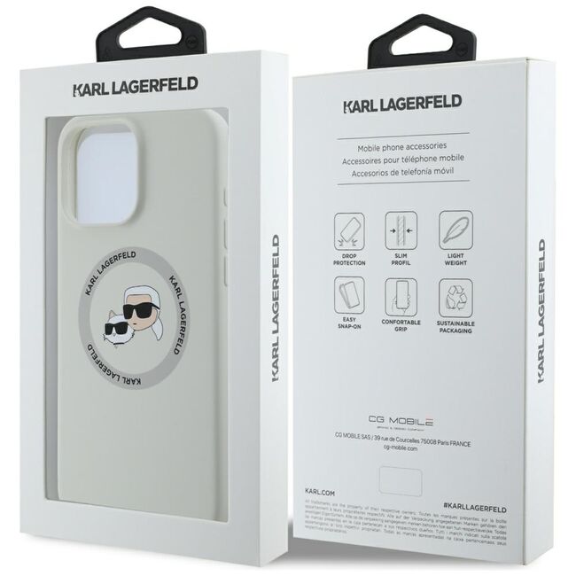 Husa Karl Lagerfeld pentru iPhone 16 Pro Silicone MagSafe, Karl&Choupette Head, gri