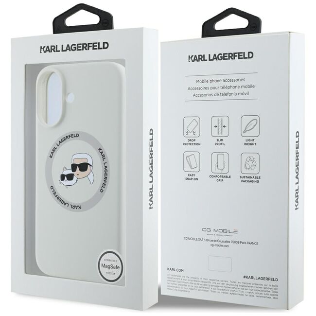Husa Karl Lagerfeld pentru iPhone 16 Silicone MagSafe, Karl&Choupette Head, gri