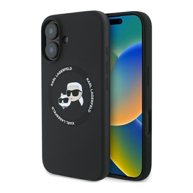 Husa Karl Lagerfeld pentru iPhone 16 Silicone MagSafe, Karl&Choupette Head - negru