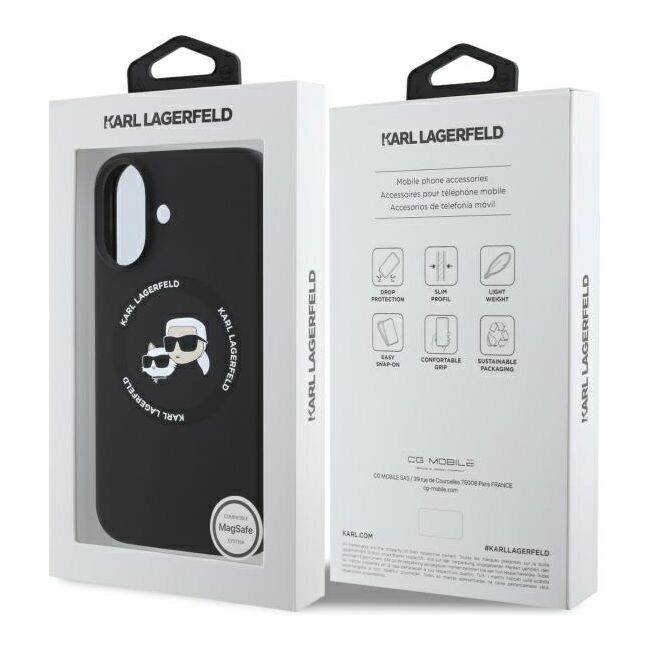 Husa Karl Lagerfeld pentru iPhone 16 Silicone MagSafe, Karl&Choupette Head - negru