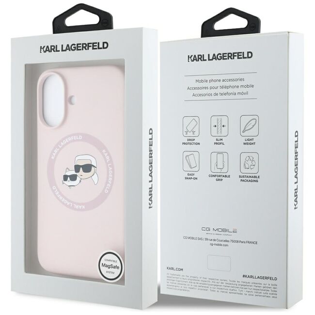 Husa Karl Lagerfeld pentru iPhone 16 Silicone MagSafe, Karl&Choupette Head, roz