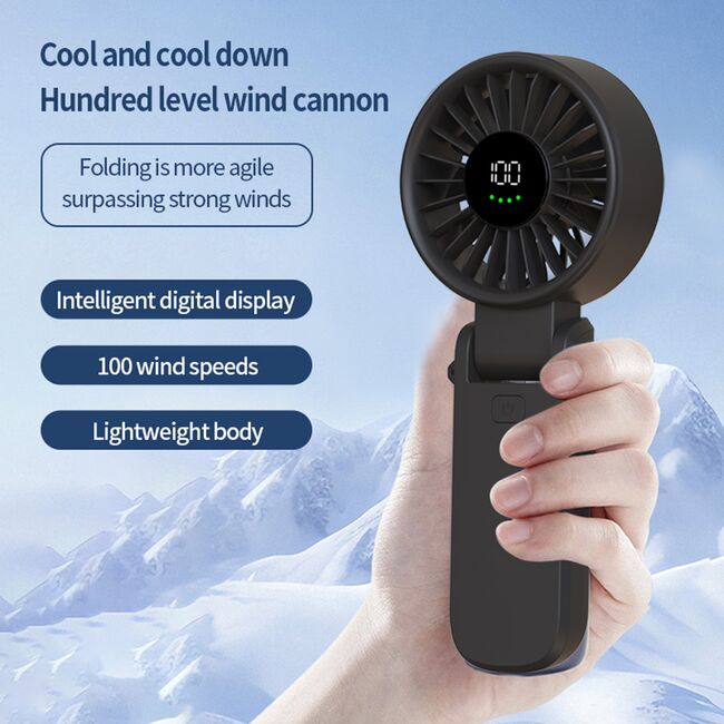 Ventilator Portabil Mini Hand pliabil – 100 Trepte Viteza, 5400 RPM, Ecran Digital LED, reincarcabil USB-C, Design Elegant si control total al fluxului de aer - negru