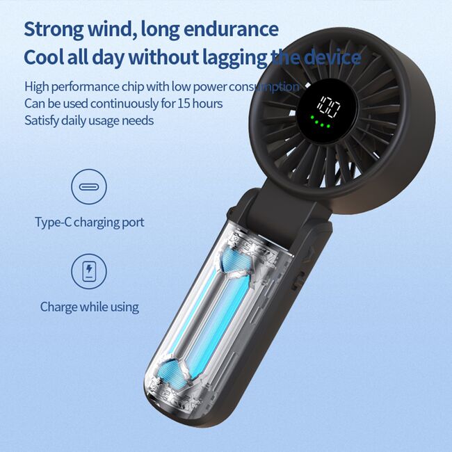 Ventilator Portabil Mini Hand pliabil – 100 Trepte Viteza, 5400 RPM, Ecran Digital LED, reincarcabil USB-C, Design Elegant si control total al fluxului de aer - alb