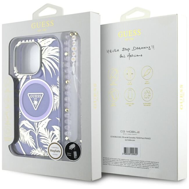 Husa pentru iPhone 16 Pro Max - Guess IML Palm Trees Triangle with Pearl Strap MagSafe - Purple