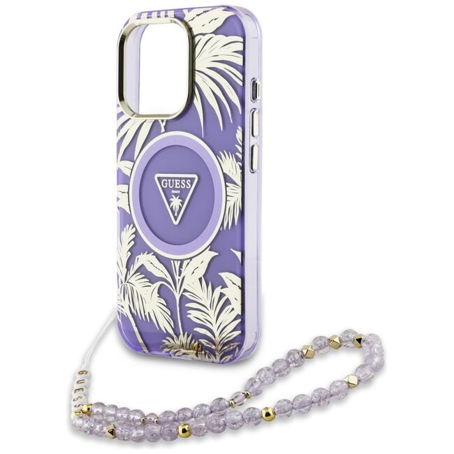 Husa pentru iPhone 16 Pro Max - Guess IML Palm Trees Triangle with Pearl Strap MagSafe - Purple