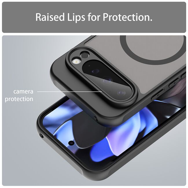 Husa pentru  Google Pixel 9 Pro cu protectie pentru lentile si MagSafe EasyCharge, Ghost Series Anti-ingalbenire, frosted - Negru