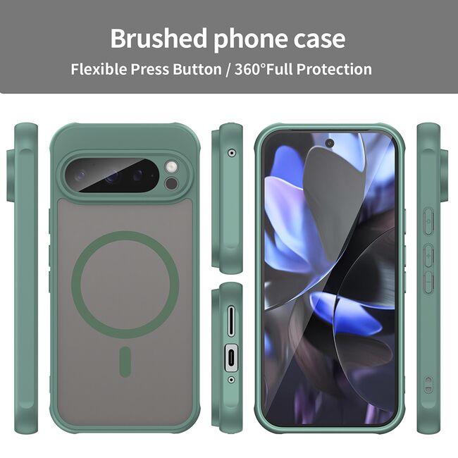 Husa pentru  Google Pixel 9 Pro cu protectie pentru lentile si MagSafe EasyCharge, Ghost Series Anti-ingalbenire, frosted - Verde
