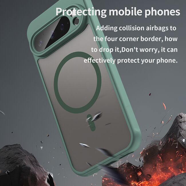 Husa pentru  Google Pixel 9 Pro cu protectie pentru lentile si MagSafe EasyCharge, Ghost Series Anti-ingalbenire, frosted - Verde