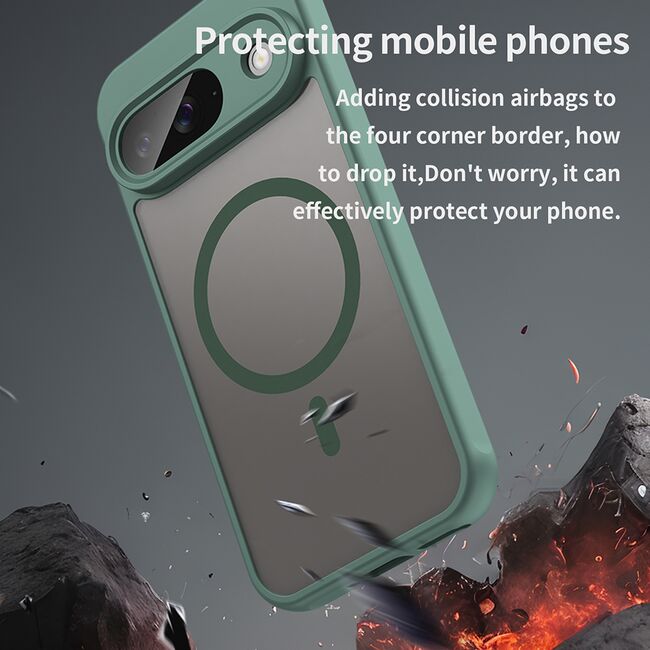 Husa pentru  Google Pixel 9 cu protectie pentru lentile si MagSafe EasyCharge, Ghost Series Anti-ingalbenire, frosted - Verde
