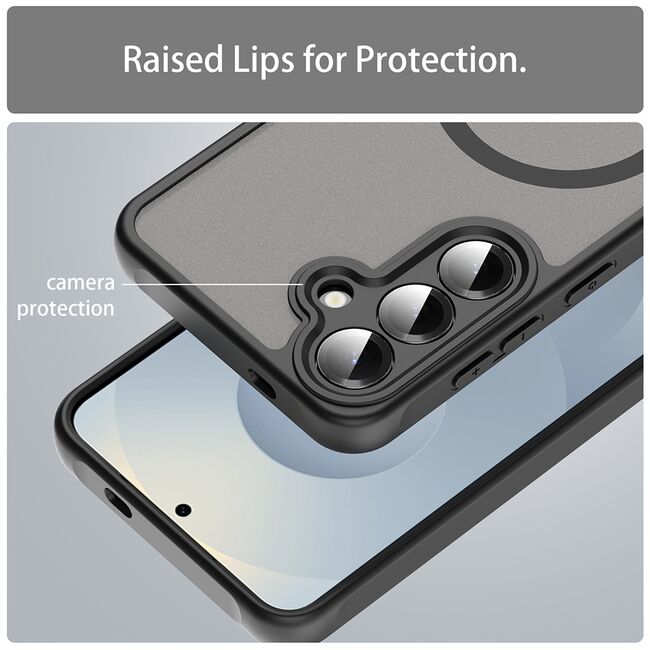 Husa pentru  Samsung Galaxy S24+ Plus cu protectie pentru lentile si MagSafe EasyCharge, Ghost Series Anti-ingalbenire, frosted - Negru