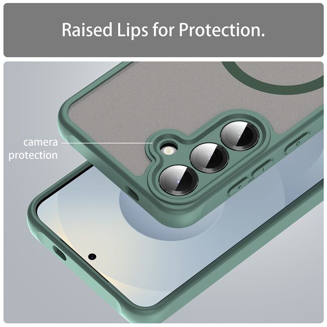 Husa pentru  Samsung Galaxy S24+ Plus cu protectie pentru lentile si MagSafe EasyCharge, Ghost Series Anti-ingalbenire, frosted - Verde