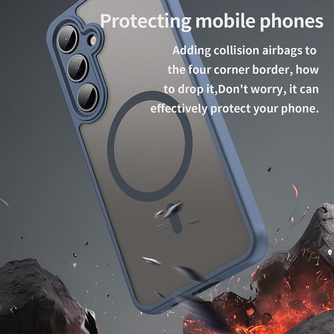 Husa pentru  Samsung Galaxy S24 FE cu protectie pentru lentile si MagSafe EasyCharge, Ghost Series Anti-ingalbenire, frosted - Albastru
