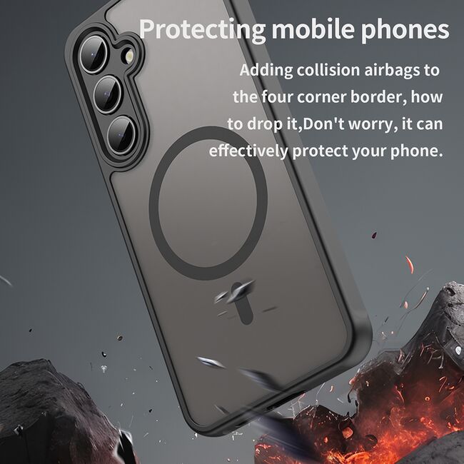 Husa pentru  Samsung Galaxy S24 FE cu protectie pentru lentile si MagSafe EasyCharge, Ghost Series Anti-ingalbenire, frosted - Negru