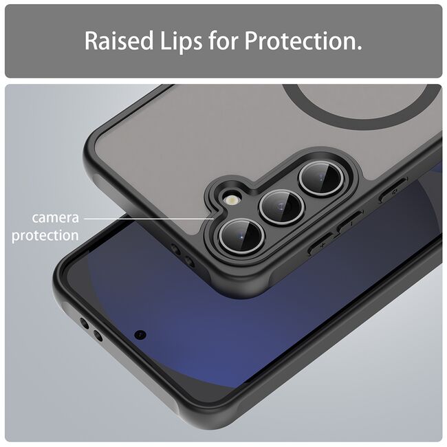 Husa pentru  Samsung Galaxy S24 FE cu protectie pentru lentile si MagSafe EasyCharge, Ghost Series Anti-ingalbenire, frosted - Negru