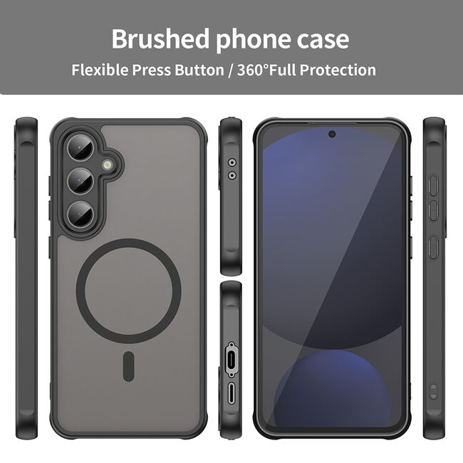 Husa pentru  Samsung Galaxy S24 FE cu protectie pentru lentile si MagSafe EasyCharge, Ghost Series Anti-ingalbenire, frosted - Negru