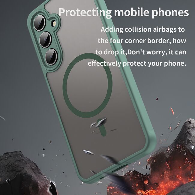Husa pentru  Samsung Galaxy S24 FE cu protectie pentru lentile si MagSafe EasyCharge, Ghost Series Anti-ingalbenire, frosted - Verde