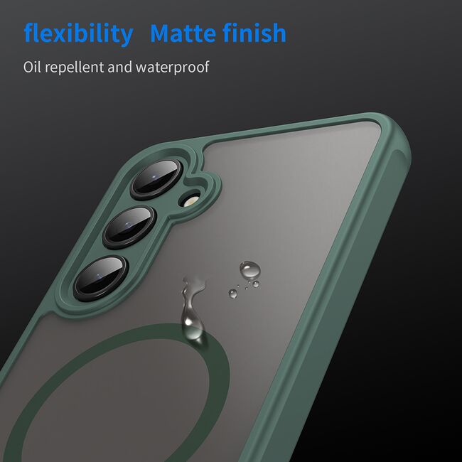 Husa pentru  Samsung Galaxy S24 FE cu protectie pentru lentile si MagSafe EasyCharge, Ghost Series Anti-ingalbenire, frosted - Verde