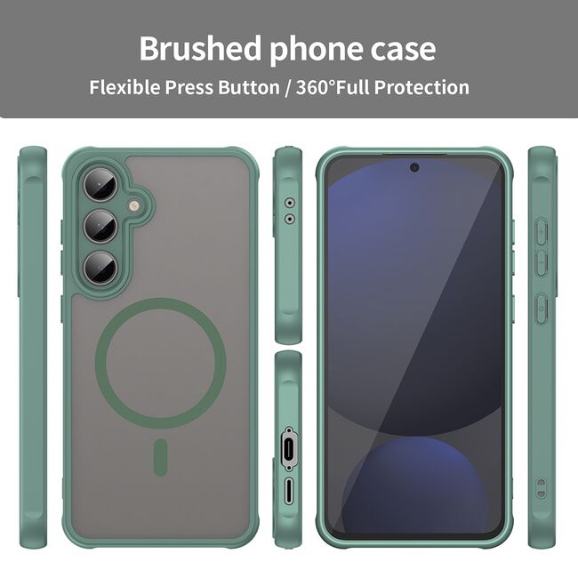Husa pentru  Samsung Galaxy S24 FE cu protectie pentru lentile si MagSafe EasyCharge, Ghost Series Anti-ingalbenire, frosted - Verde