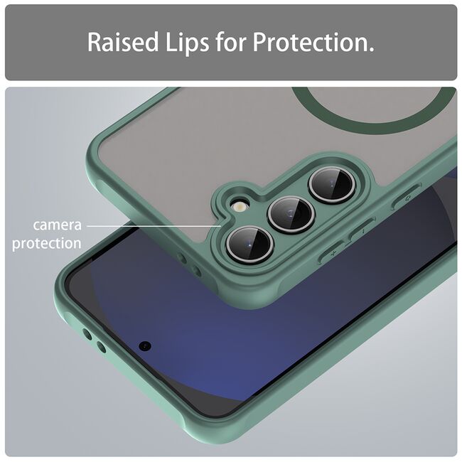 Husa pentru  Samsung Galaxy S24 FE cu protectie pentru lentile si MagSafe EasyCharge, Ghost Series Anti-ingalbenire, frosted - Verde