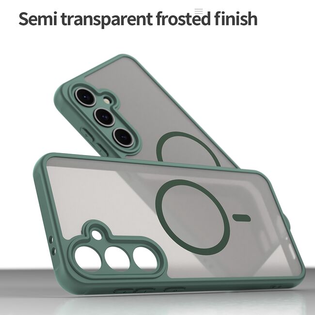 Husa pentru  Samsung Galaxy S24 FE cu protectie pentru lentile si MagSafe EasyCharge, Ghost Series Anti-ingalbenire, frosted - Verde