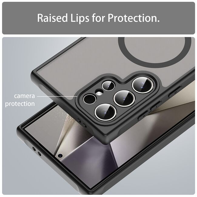 Husa pentru  Samsung Galaxy S24 Ultra cu protectie pentru lentile si MagSafe EasyCharge, Ghost Series Anti-ingalbenire, frosted - Negru