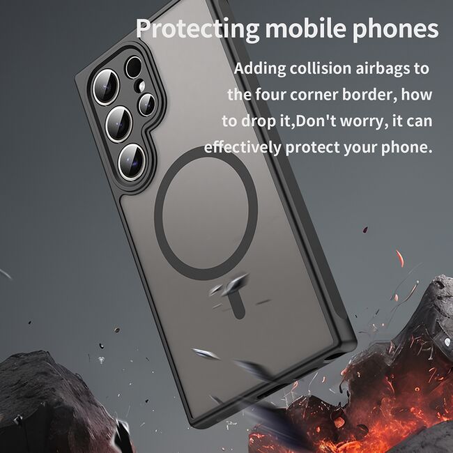 Husa pentru  Samsung Galaxy S24 Ultra cu protectie pentru lentile si MagSafe EasyCharge, Ghost Series Anti-ingalbenire, frosted - Negru