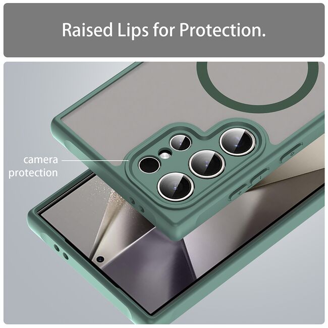 Husa pentru  Samsung Galaxy S24 Ultra cu protectie pentru lentile si MagSafe EasyCharge, Ghost Series Anti-ingalbenire, frosted - Verde