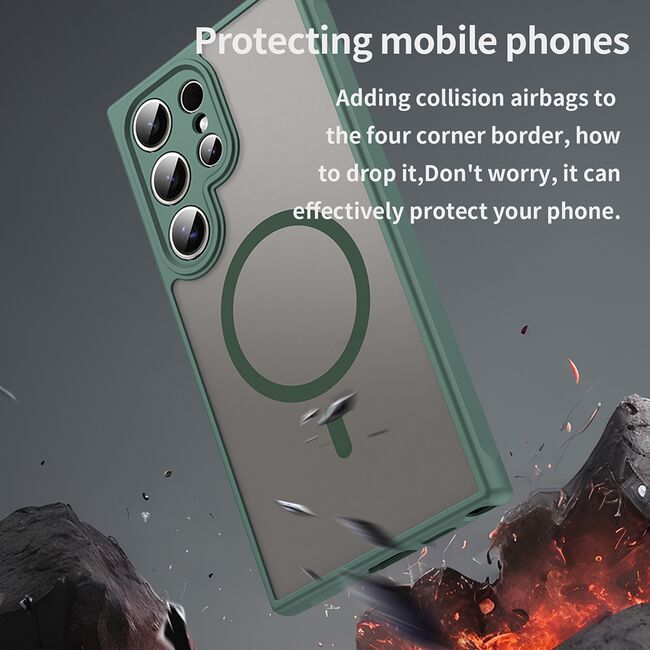 Husa pentru  Samsung Galaxy S24 Ultra cu protectie pentru lentile si MagSafe EasyCharge, Ghost Series Anti-ingalbenire, frosted - Verde