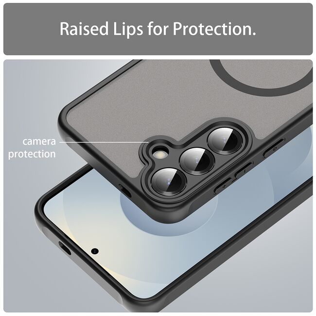Husa pentru  Samsung Galaxy S25 Plus cu protectie pentru lentile si MagSafe EasyCharge, Ghost Series Anti-ingalbenire, frosted - Negru