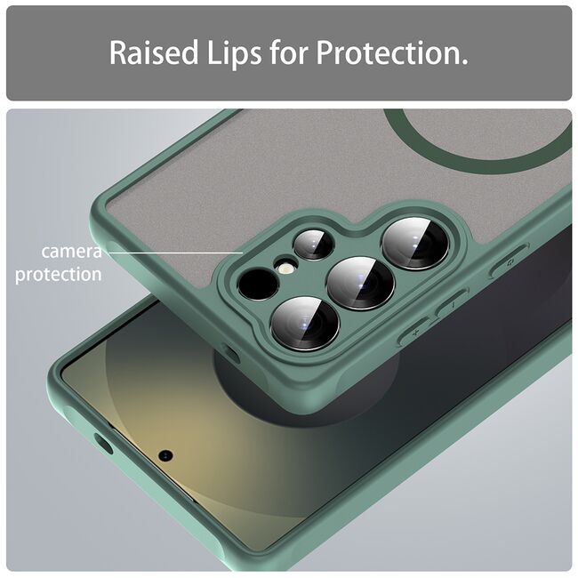 Husa pentru  Samsung Galaxy S25 Ultra cu protectie pentru lentile si MagSafe EasyCharge, Ghost Series Anti-ingalbenire, frosted - Verde