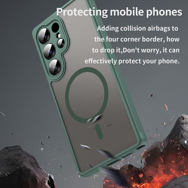 Husa pentru  Samsung Galaxy S25 Ultra cu protectie pentru lentile si MagSafe EasyCharge, Ghost Series Anti-ingalbenire, frosted - Verde
