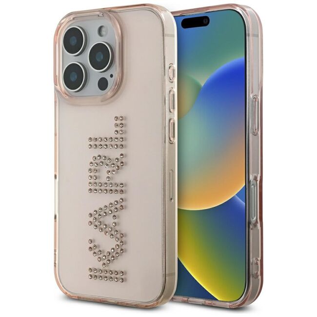 Husa pentru iPhone 16 Pro - Karl Lagerfeld IML Rhinestones - Pink Logo