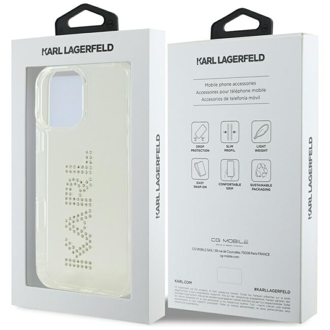 Husa pentru iPhone 16 Pro - Karl Lagerfeld IML Rhinestones - Transparent Logo