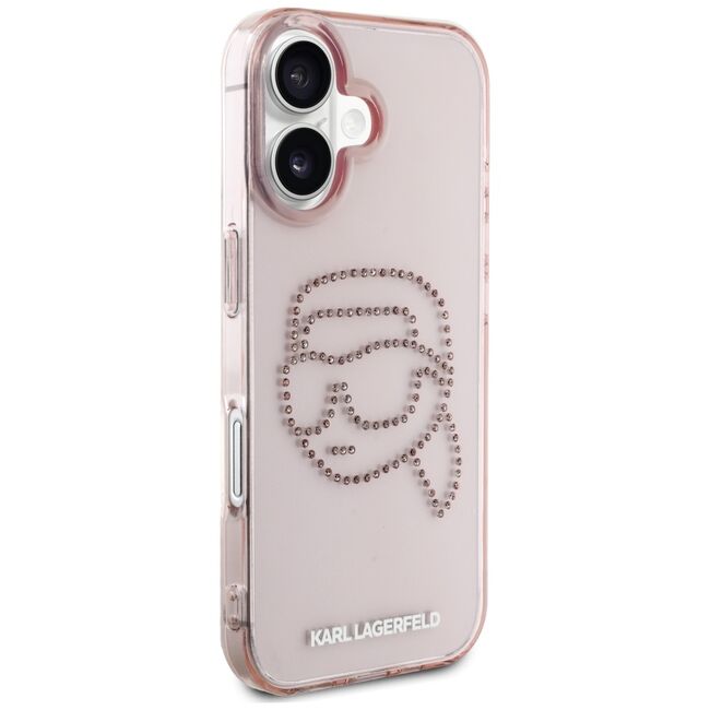 Husa pentru iPhone 16 - Karl Lagerfeld IML Rhinestones - Pink Karl Head