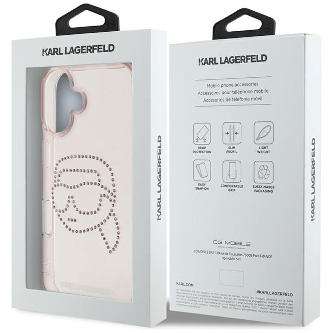 Husa pentru iPhone 16 - Karl Lagerfeld IML Rhinestones - Pink Karl Head