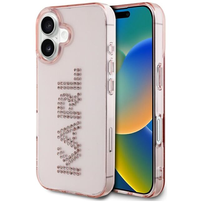 Husa pentru iPhone 16 - Karl Lagerfeld IML Rhinestones - Pink Logo