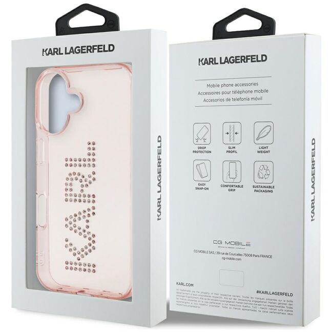 Husa pentru iPhone 16 - Karl Lagerfeld IML Rhinestones - Pink Logo