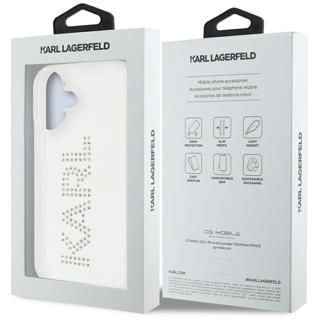 Husa pentru iPhone 16 - Karl Lagerfeld IML Rhinestones - Transparent Logo