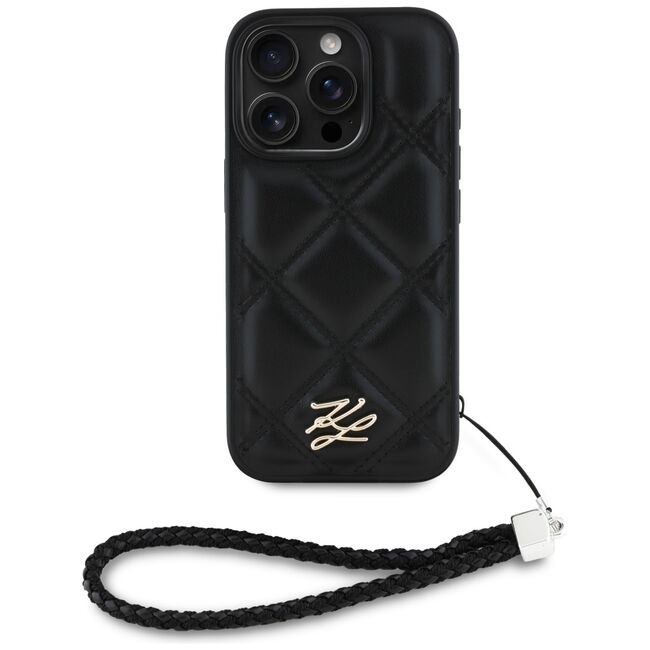 Husa pentru iPhone 16 Pro - Karl Lagerfeld Quilted Initial Logo & Chain Strap - Black