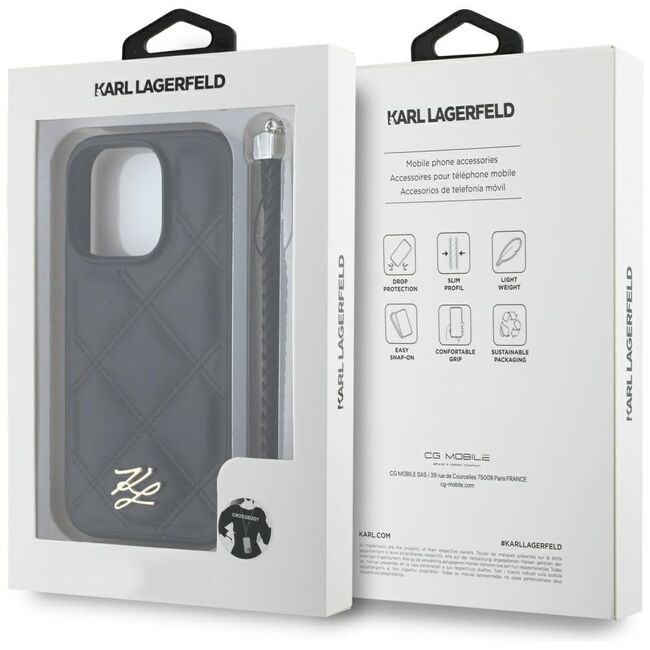 Husa pentru iPhone 16 Pro - Karl Lagerfeld Quilted Initial Logo & Chain Strap - Black