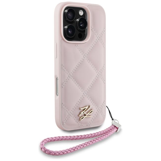 Husa pentru iPhone 16 Pro - Karl Lagerfeld Quilted Initial Logo & Chain Strap - Pink
