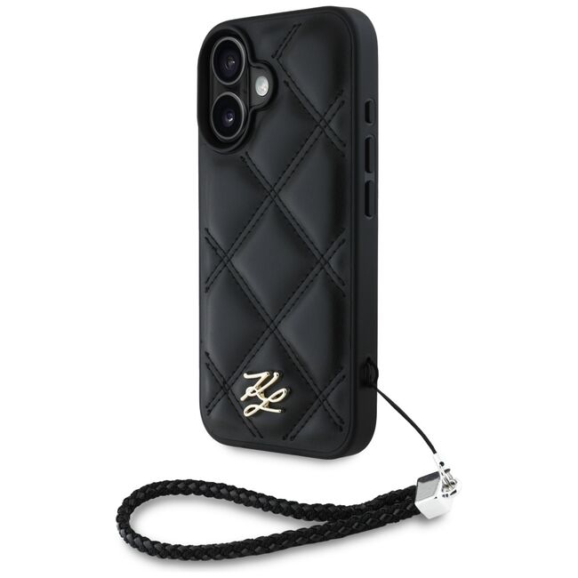 Husa pentru iPhone 16 - Karl Lagerfeld Quilted Initial Logo & Chain Strap - Black