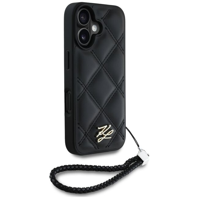 Husa pentru iPhone 16 - Karl Lagerfeld Quilted Initial Logo & Chain Strap - Black
