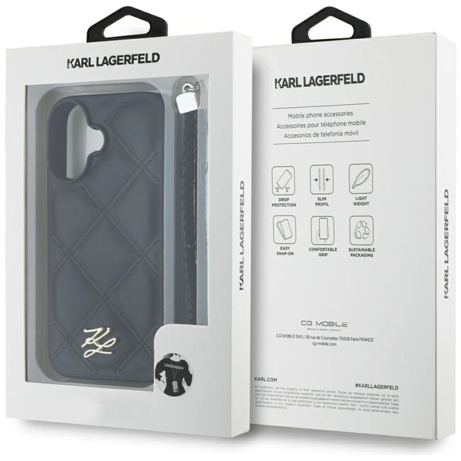 Husa pentru iPhone 16 - Karl Lagerfeld Quilted Initial Logo & Chain Strap - Black