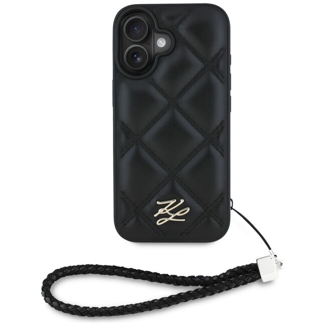 Husa pentru iPhone 16 - Karl Lagerfeld Quilted Initial Logo & Chain Strap - Black